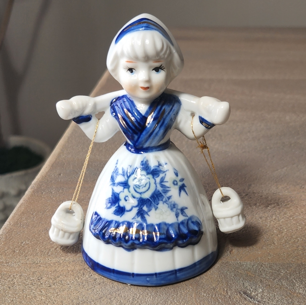 Vintage Dutch Girl Milk Maid Blue And White Porcelain Bell w/ Pails Delft-Style